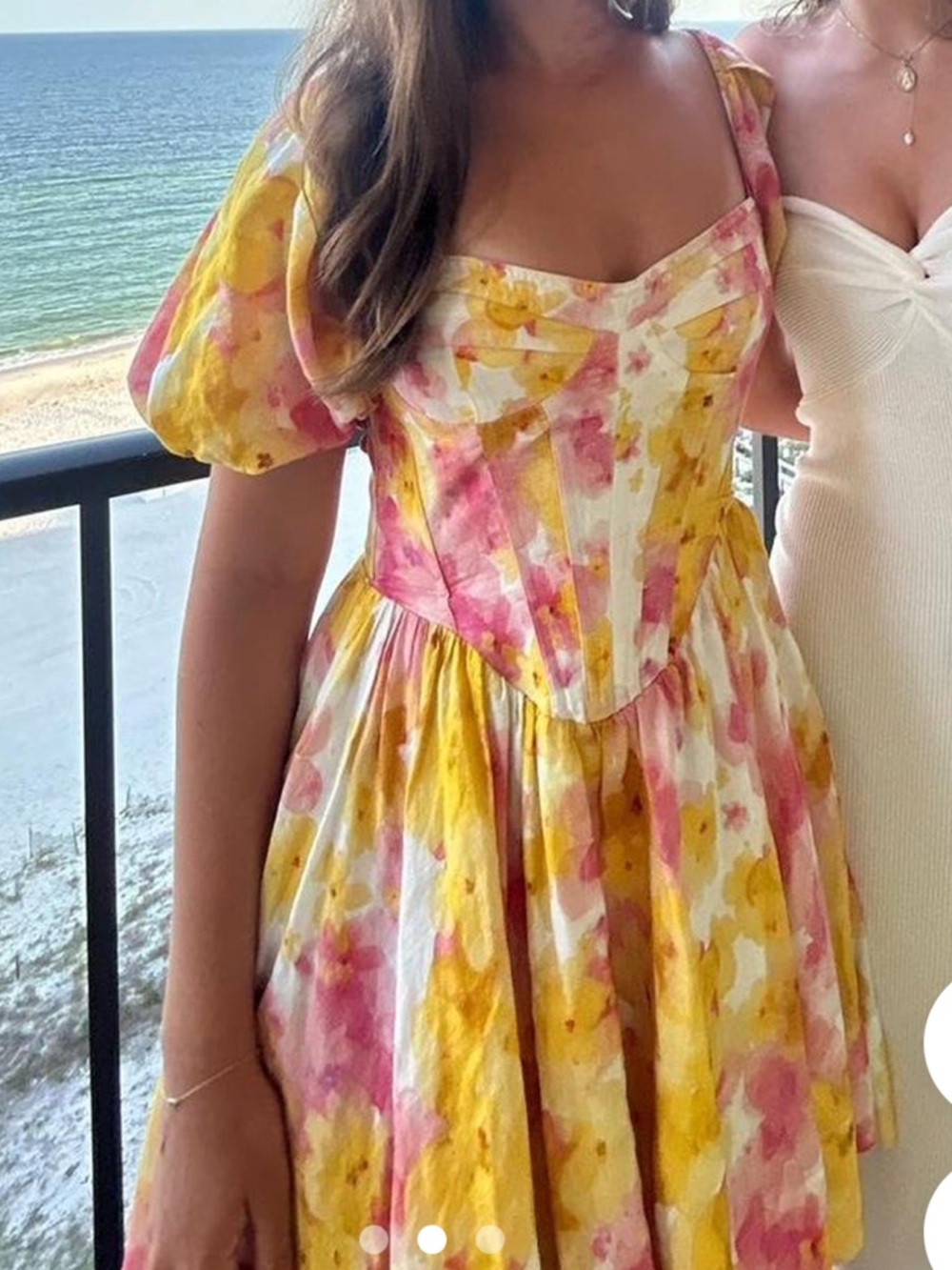 New BARDOT Kiah Floral Print Boned Corset Puff Sleeve Minidress In Pink Yellow L - Picture 6 of 16